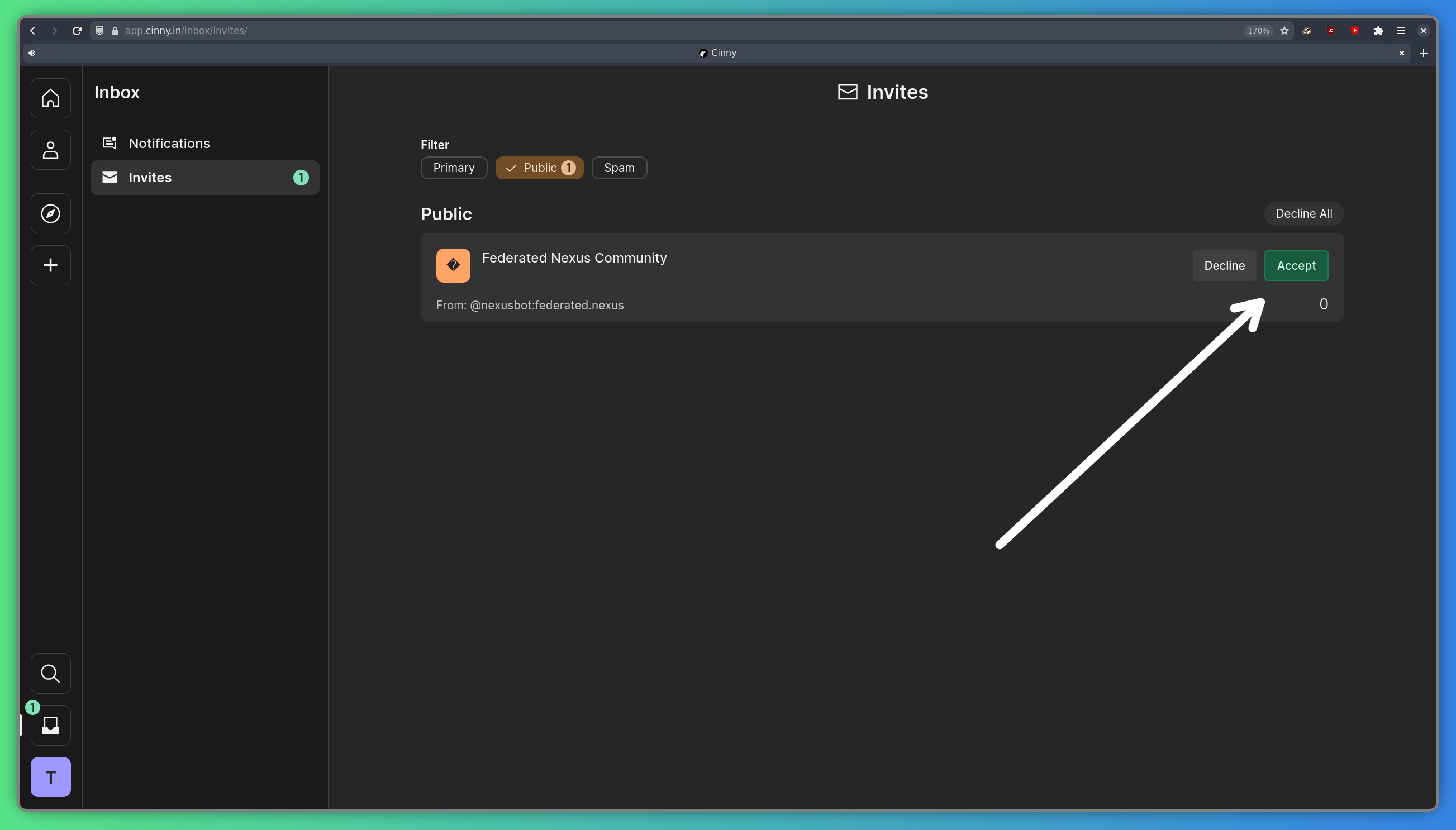 The Cinny invites page, showing an invite from nexusbot to the Federated Nexus Community room
