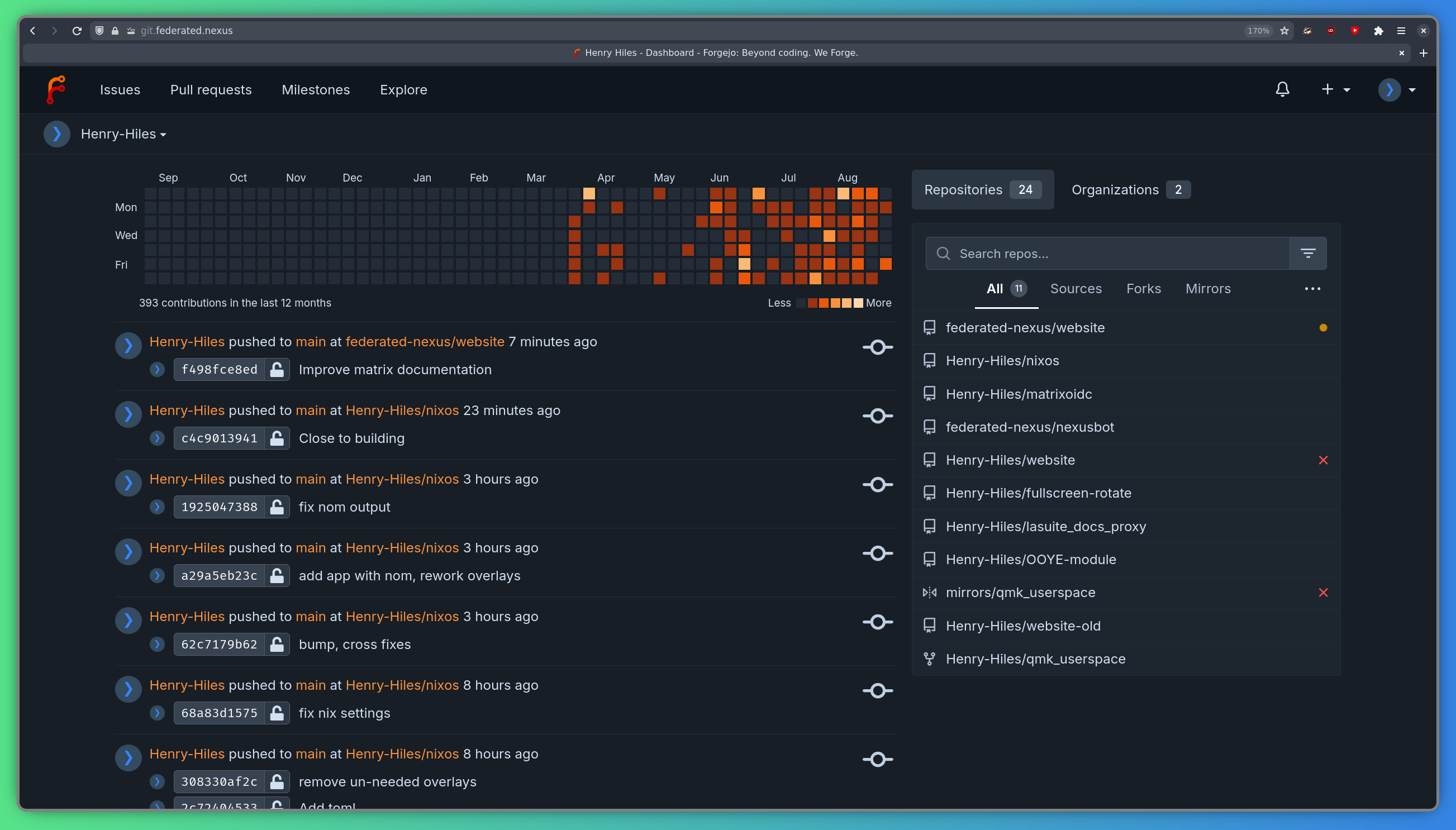 The Forgejo dashboard page, showing recent repository activity, a contribution graph, and a list of repositories