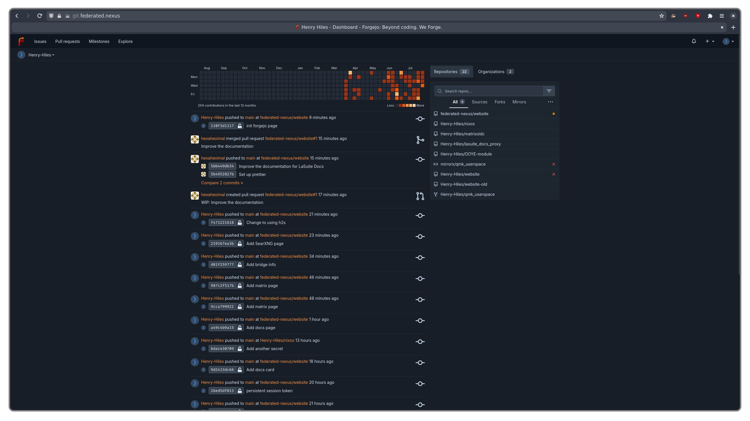 The Forgejo dashboard page, showing recent repository activity, a contribution graph, and a list of repositories