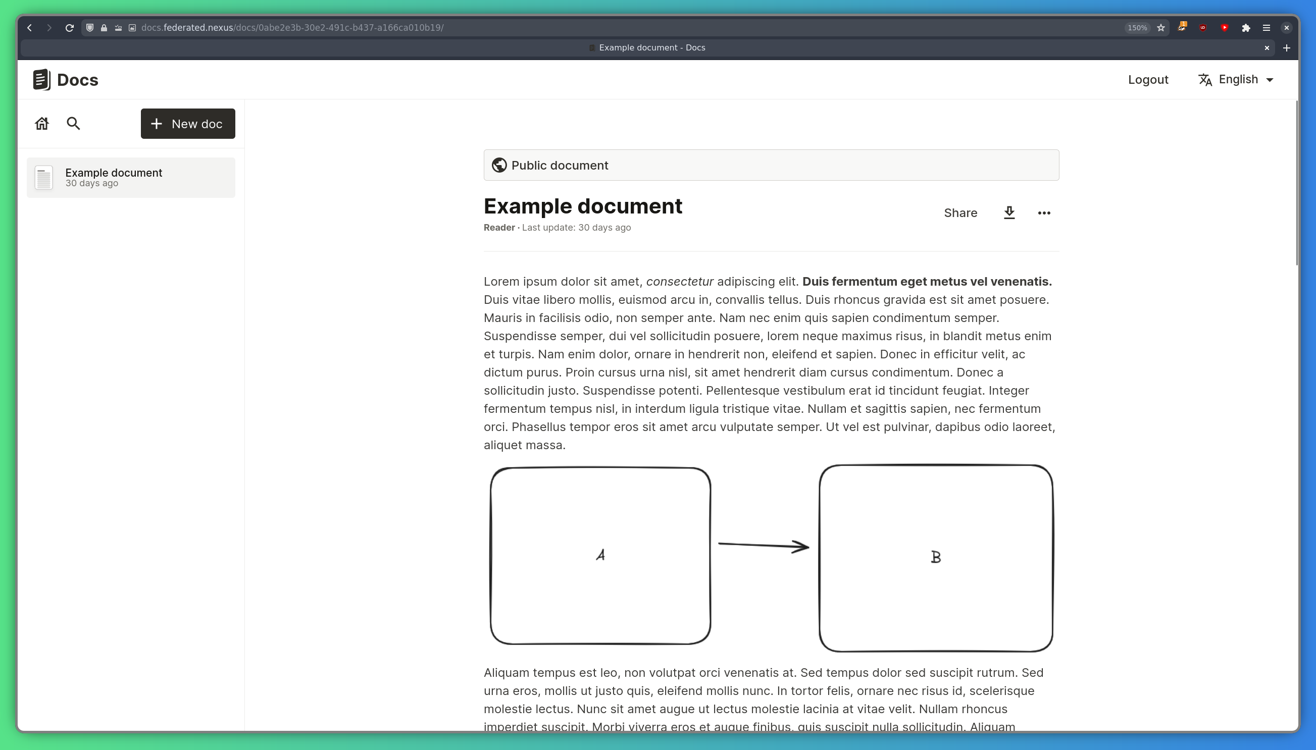 An editor with some text and images, showing options to download, share, and swap to another document