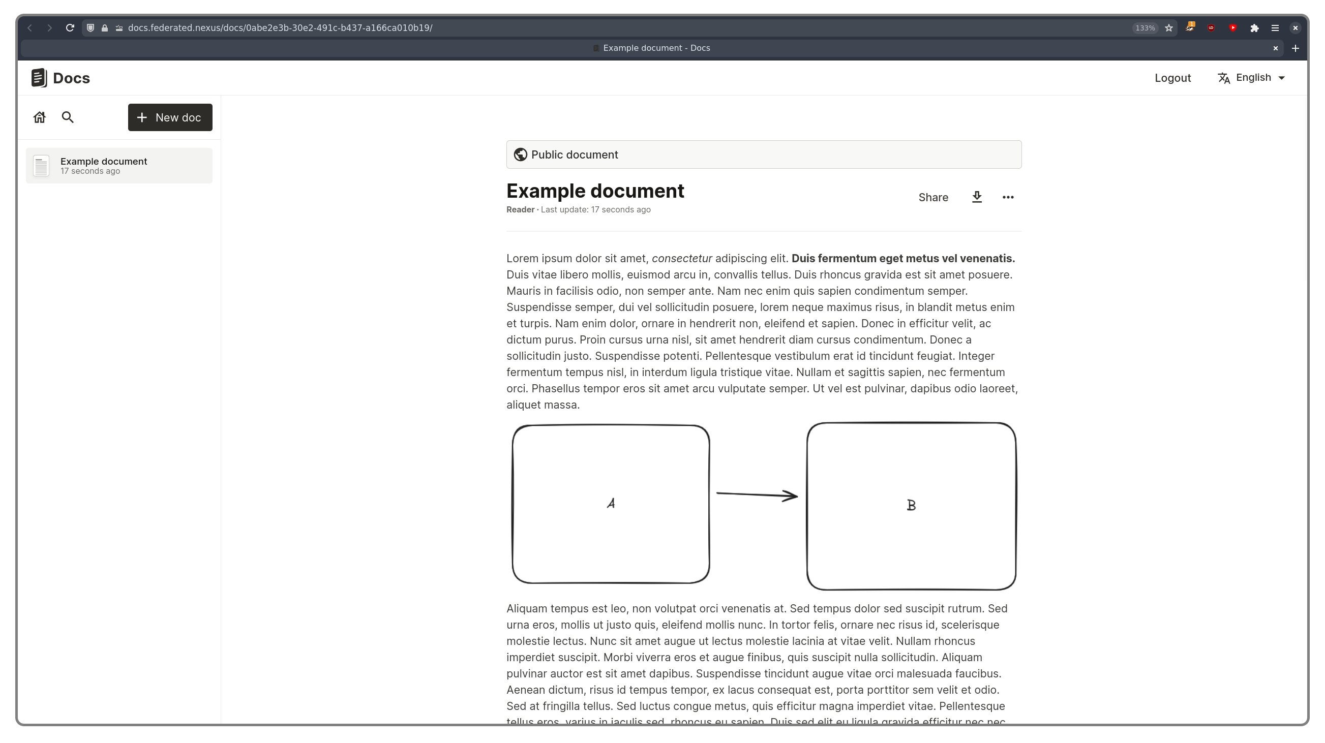 An editor with some text and images, showing options to download, share, and swap to another document