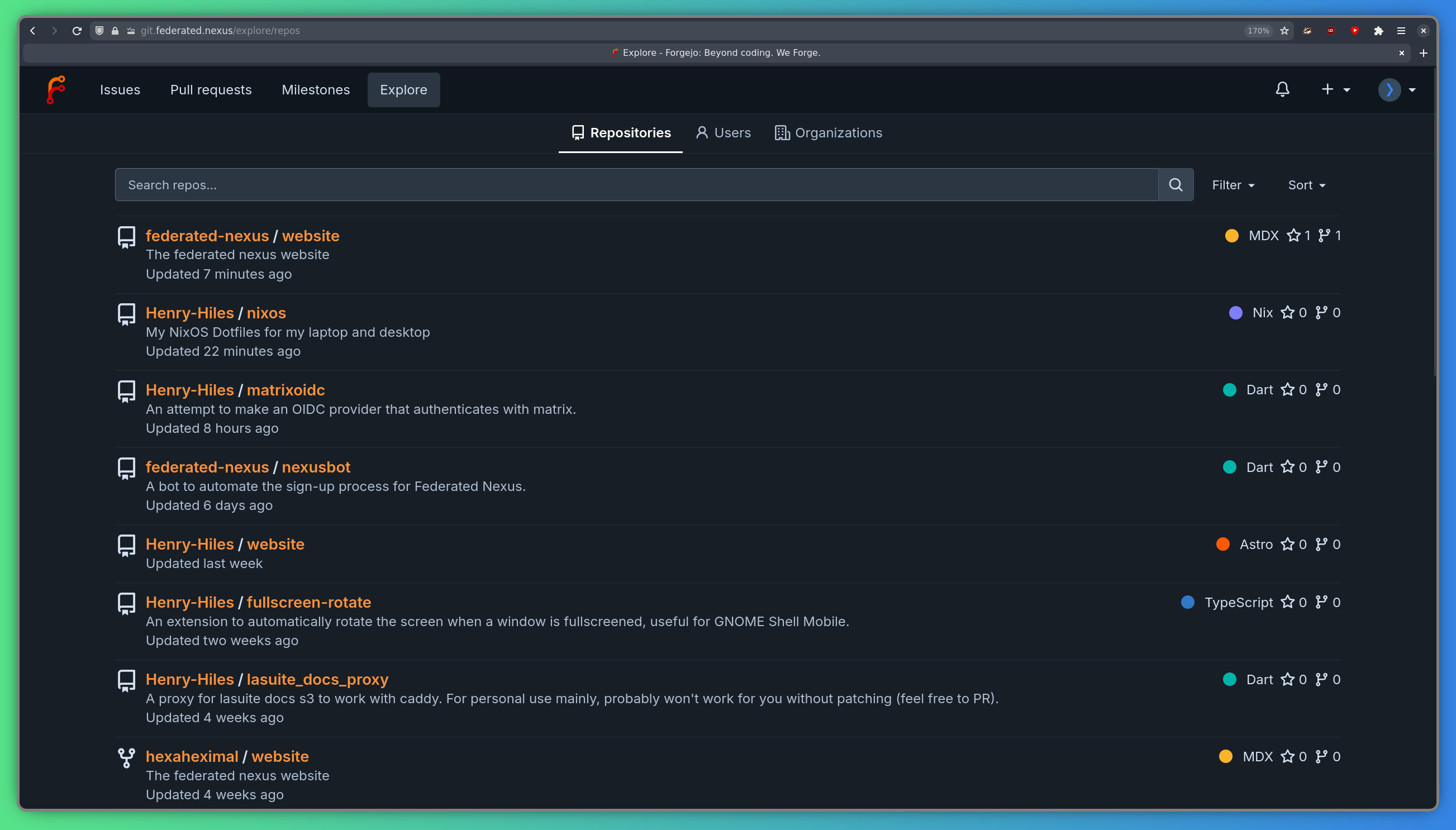 The Forgejo explore page, showing a list of repositories