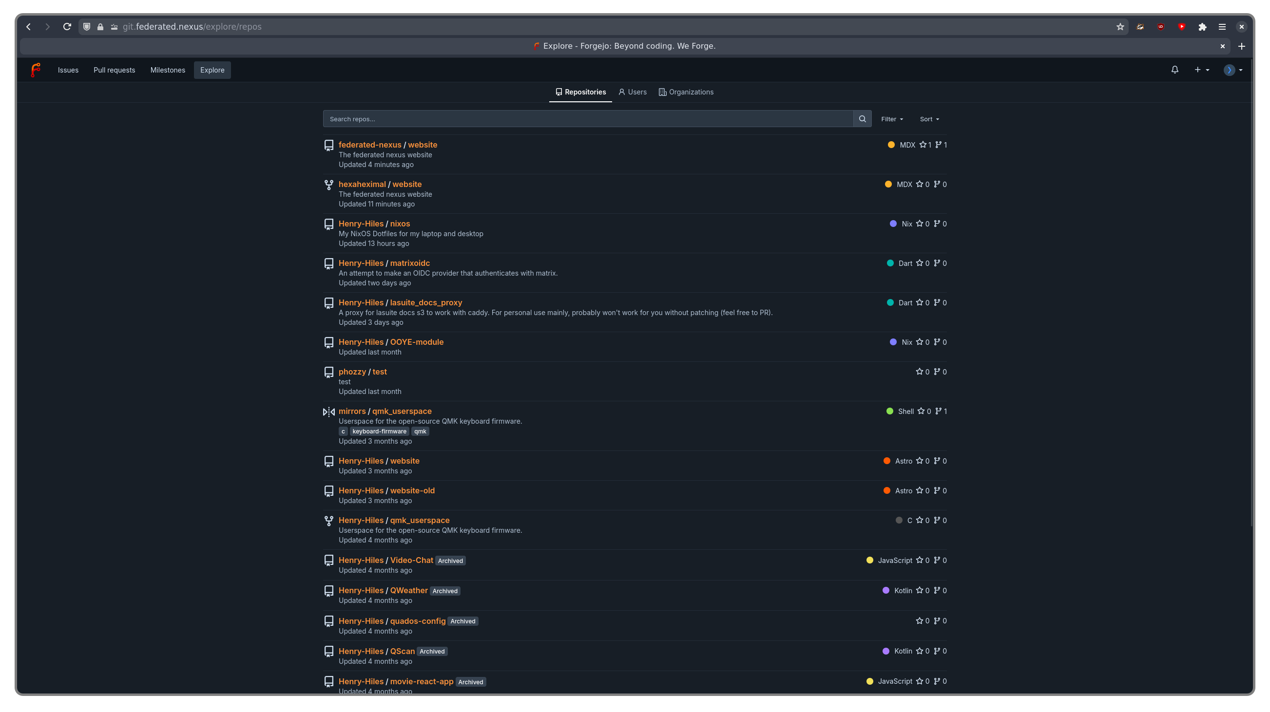 The Forgejo explore page, showing a list of repositories