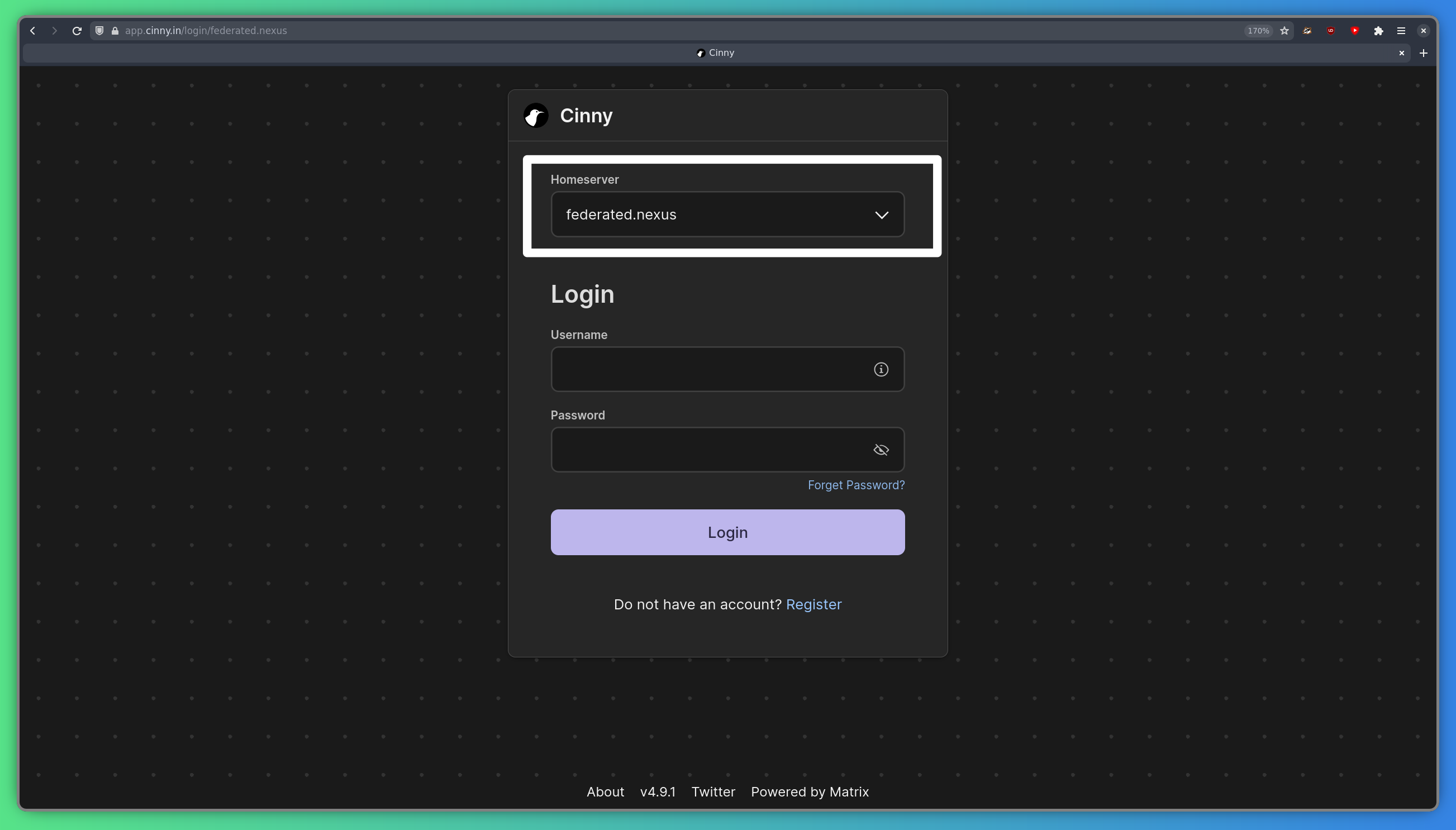 The Cinny login page, showing "federated.nexus" as the value for "Homeserver"
