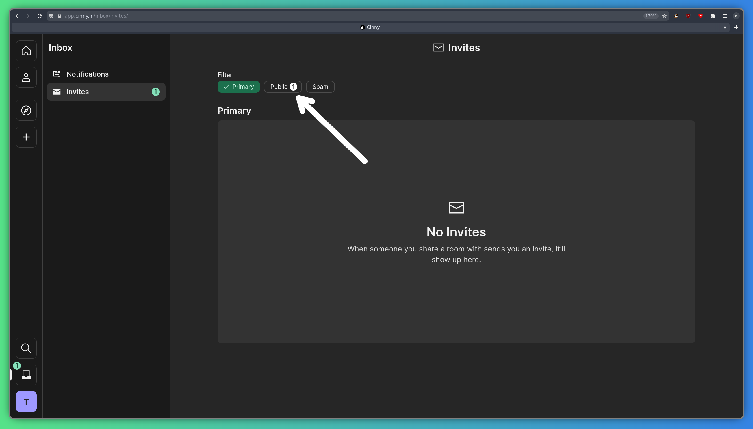Страница приглашений в Cinny, на которой нет Первичных приглашений, но есть одно Публичное