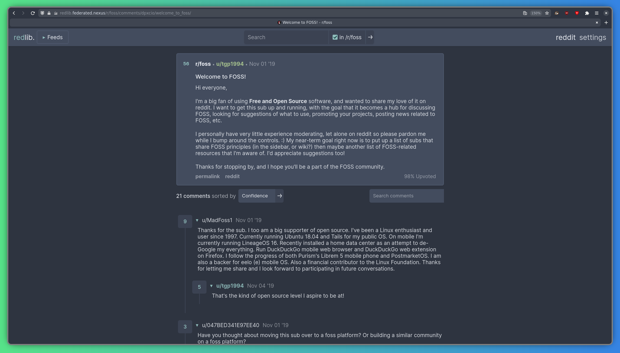 Redlib homepage showing trending posts and a clean, distraction-free interface