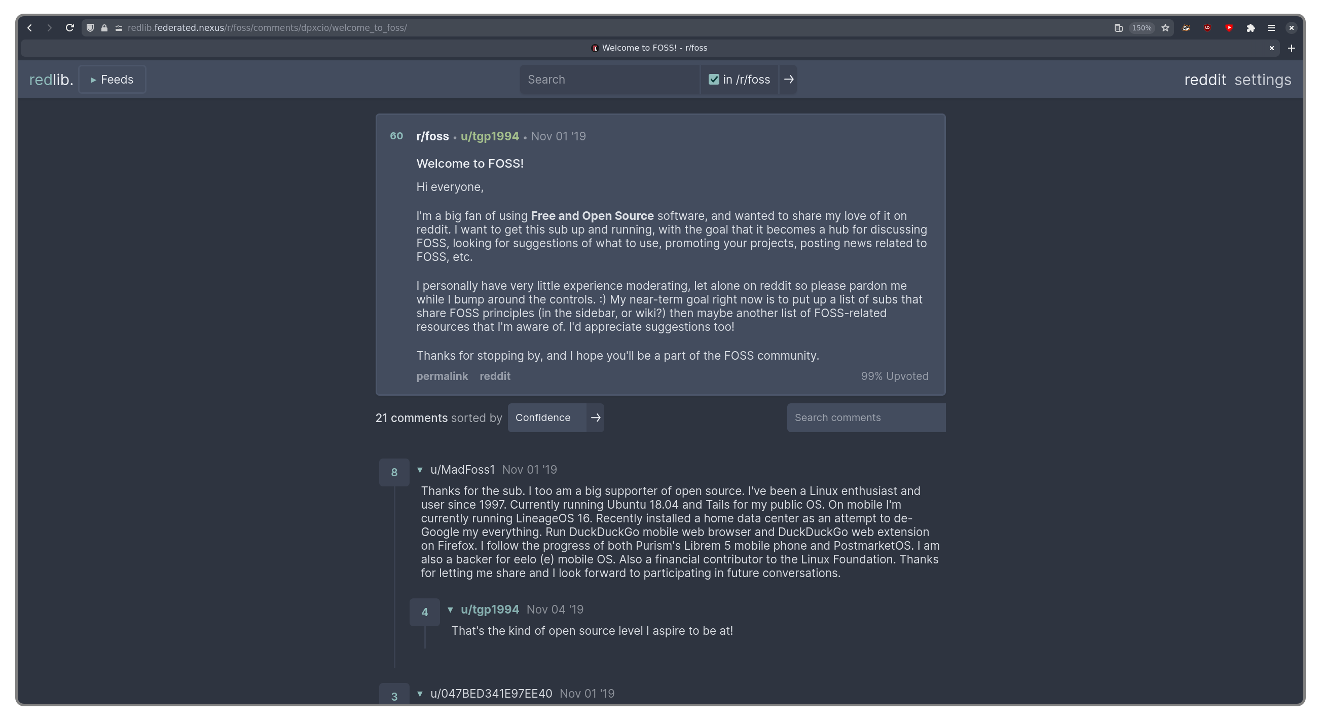 Redlib homepage showing trending posts and a clean, distraction-free interface