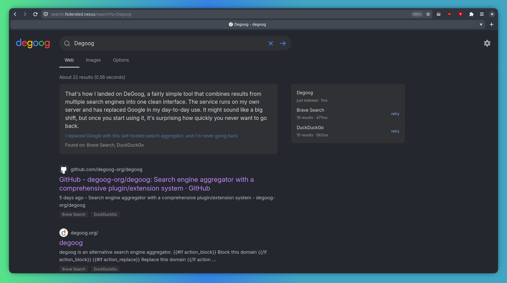 A search for "Degoog" on Degoog, showing results with links, favicons, and descriptions