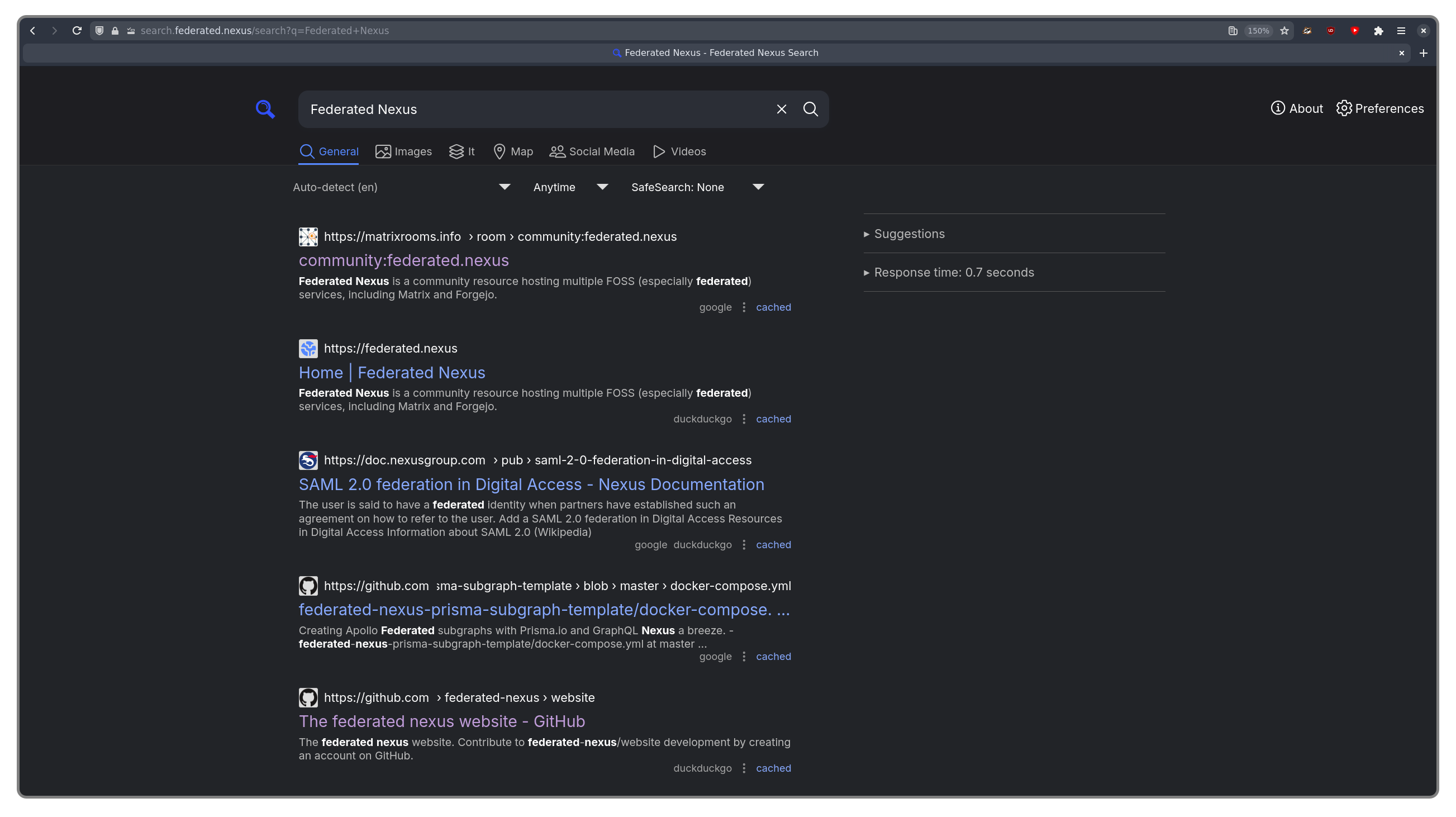 A search for "Federated Nexus" on SearXNG, showing results with links, favicons, and descriptions