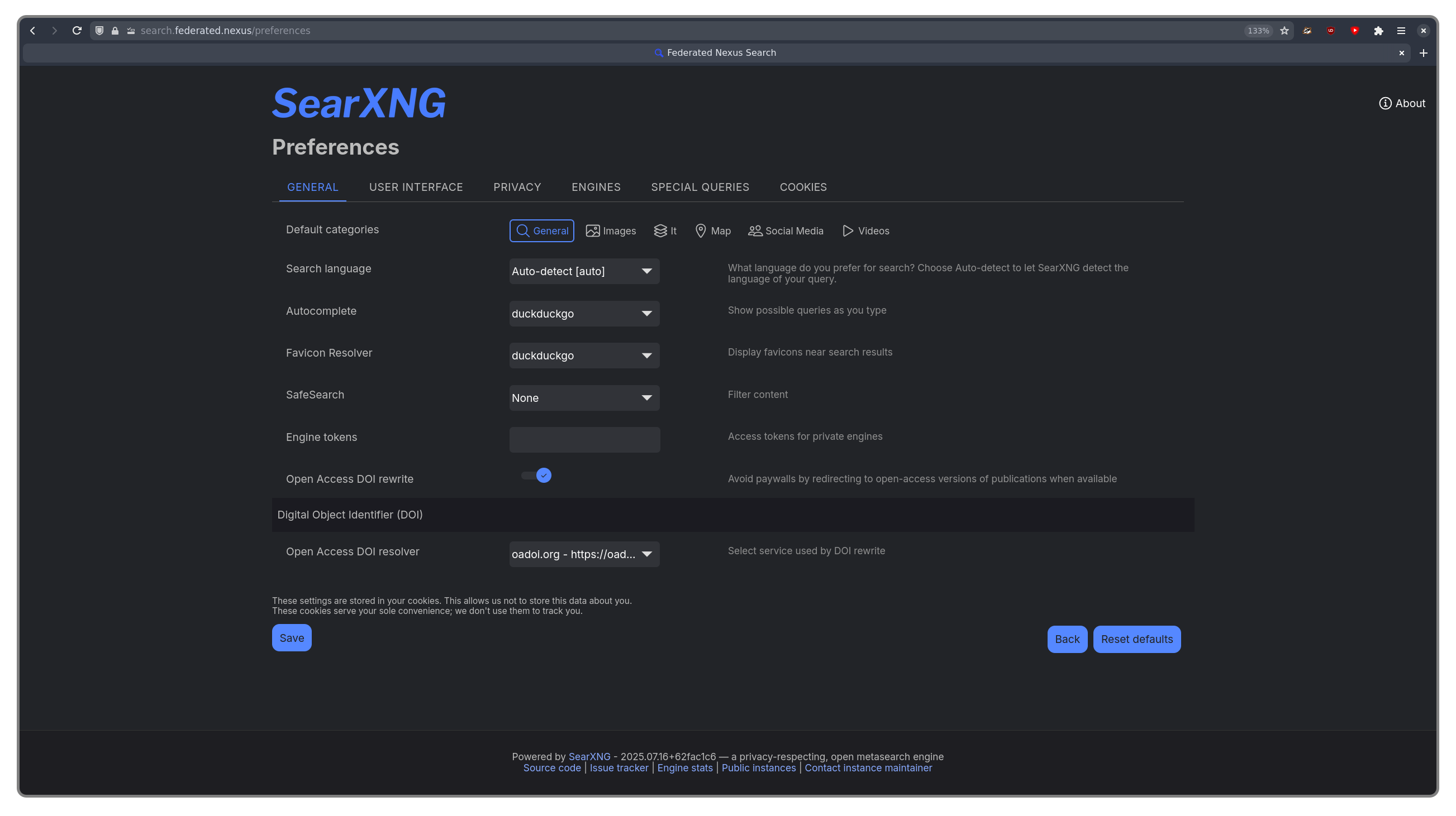 SearXNG settings page, showing many different tabs of settings