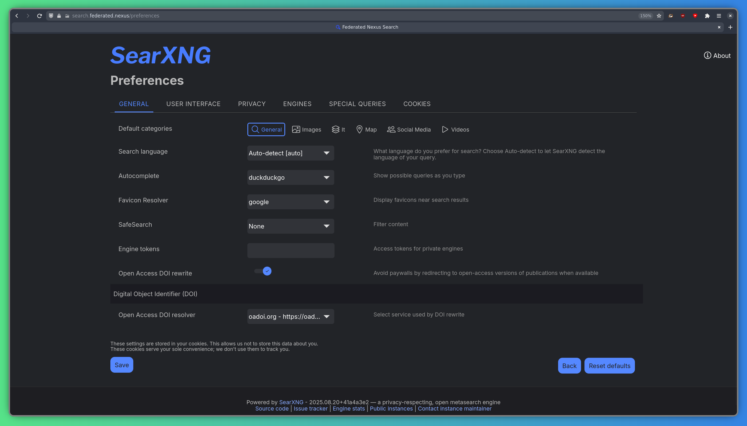 SearXNG settings page, showing many different tabs of settings
